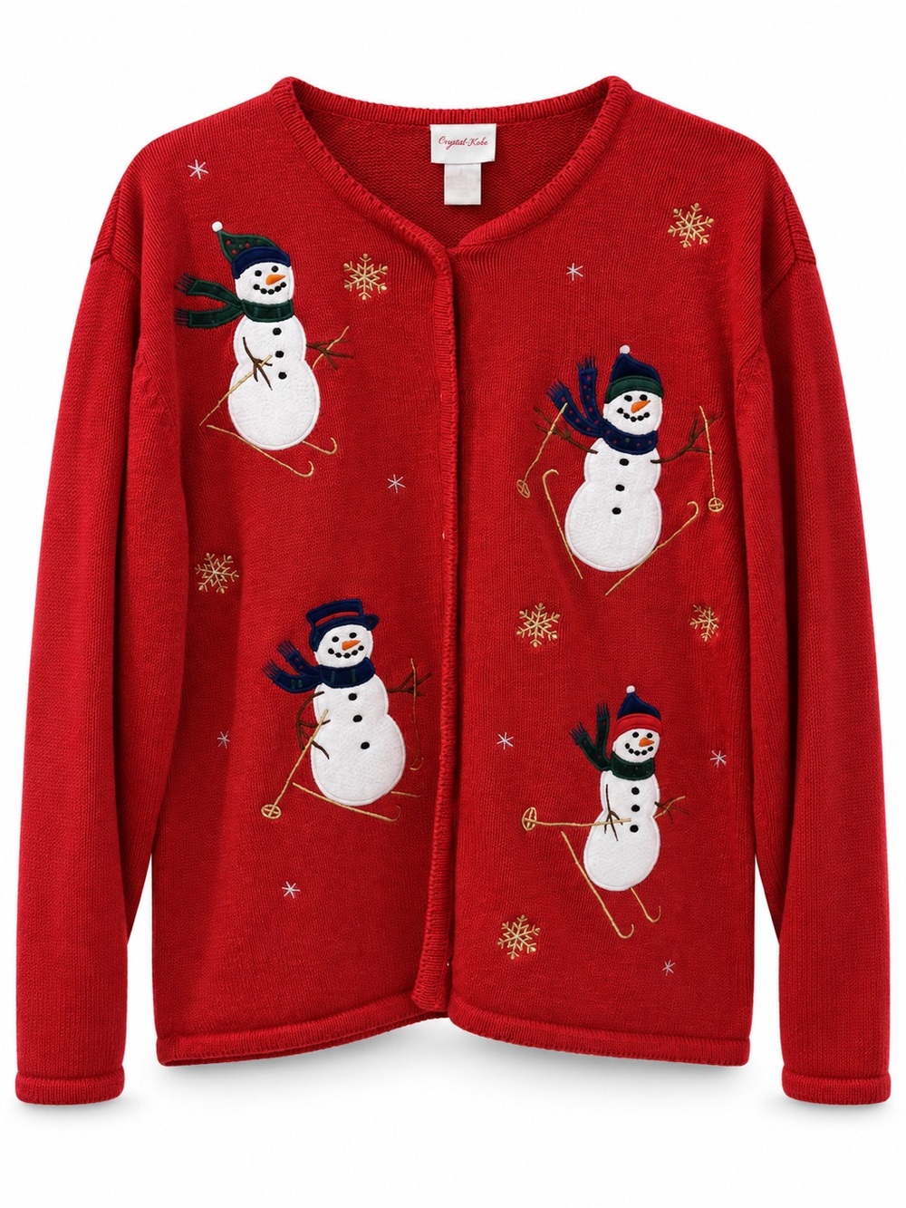 Vtg Crystal Kobe Red Snowman Christmas Cardigan  XMAS L